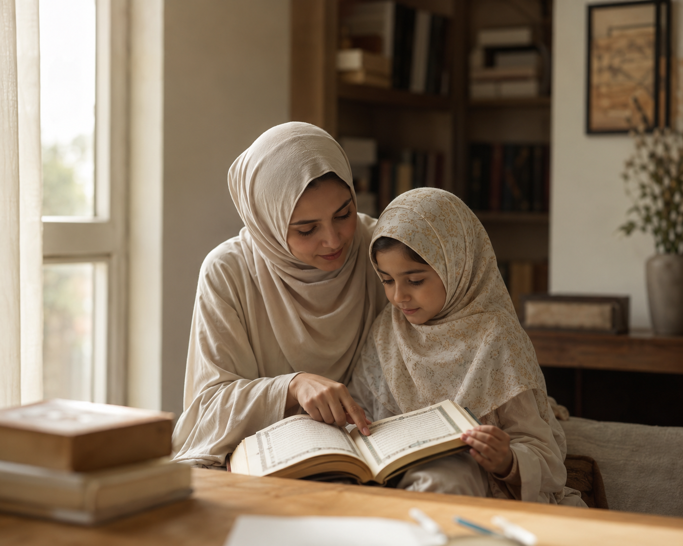 A mother and daughter reading Qur'an in warm afternoon light